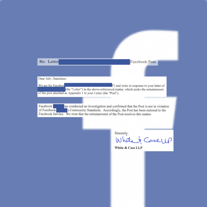 Advokatfirmaet Danielsen & CO AS er det første og eneste advokatkontoret som har fått Facebook til å re-publisere et slettet innlegg.