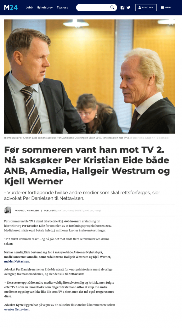 Ærekrenkelse Kirurg vant mot TV2 - nå saksøkes flere. Advokat Danielsen & Co. Per Danielsen. Advokat i Oslo.