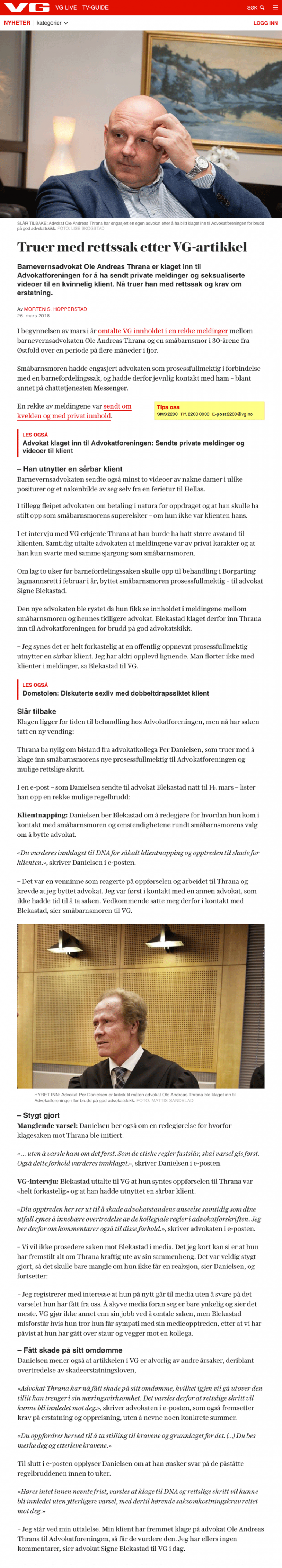 Ærekrenkelse Vurderer søksmål etter VG artikkel. Advokat Danielsen & Co. Per Danielsen. Advokat i Oslo.