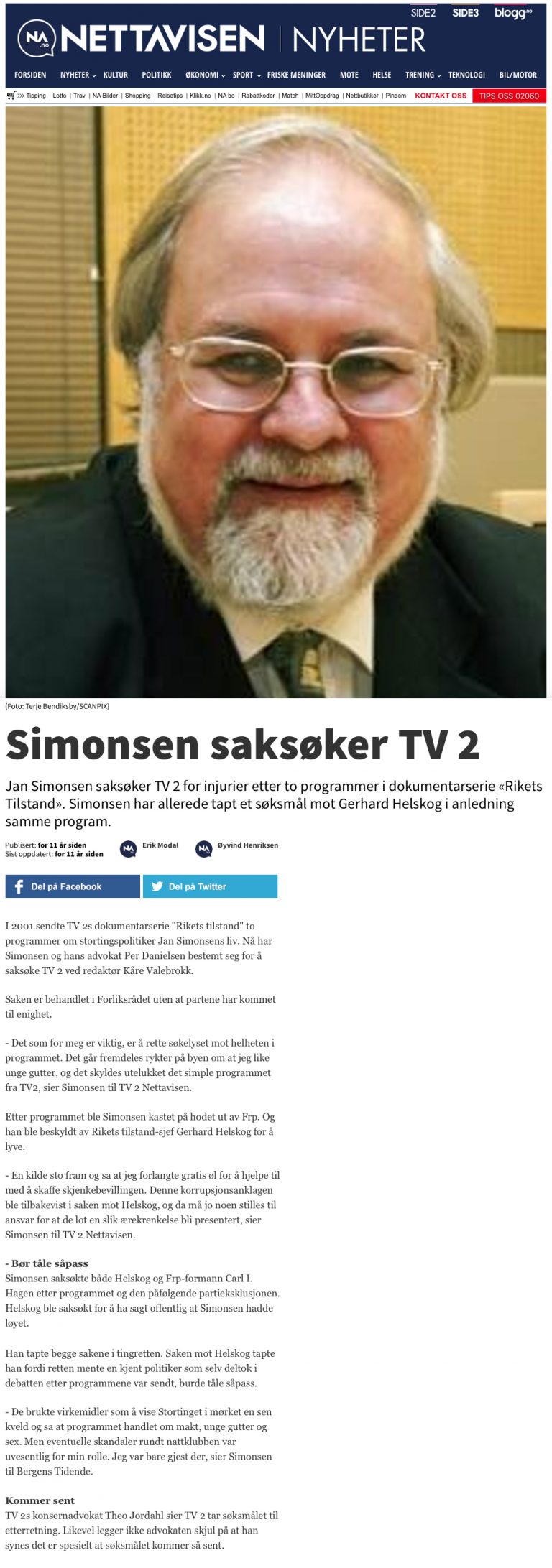 Ærekrenkelse Simonsen saksøker TV2. Advokat Danielsen & Co. Per Danielsen. Advokat i Oslo.