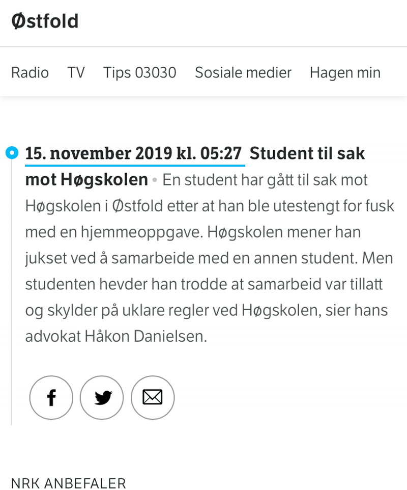 Alminnelig Praksis. Student til sak mot Høgskolen. Advokat Danielsen & Co. Per Danielsen. Advokat i Oslo.