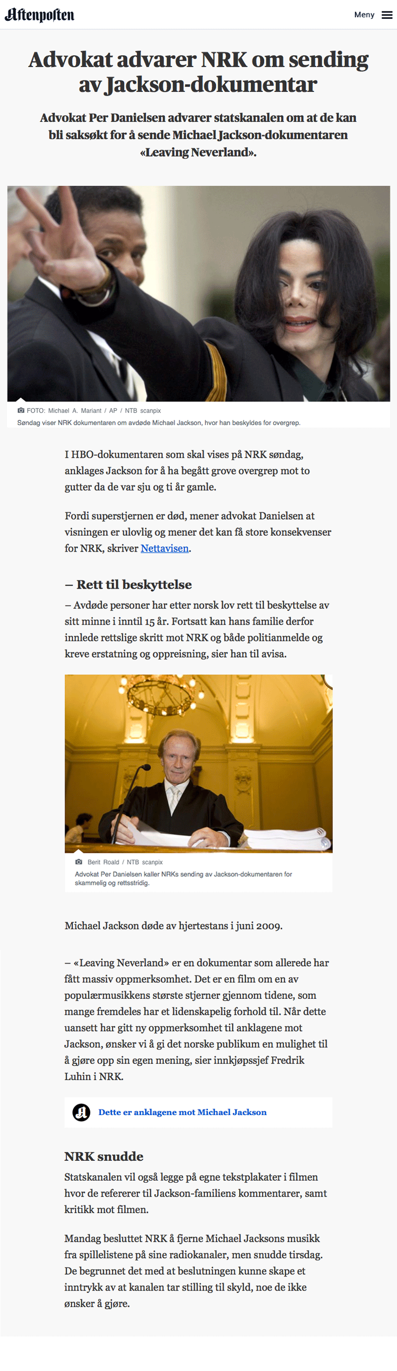 Advarer NRK om sending av Jackson dokumentar. Alminnelig praksis. Advokat Danielsen & Co. Per Danielsen. Advokat i Oslo.