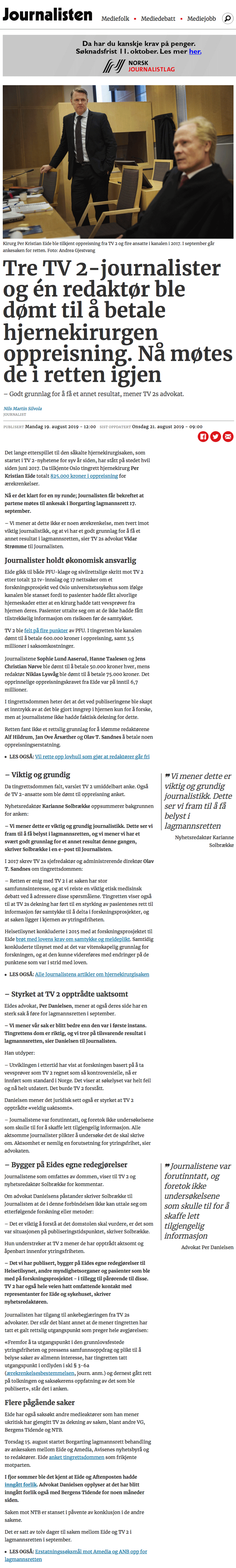 Erstatningsrett. Journalister og en redaktør dømt. Advokat Danielsen & Co. Per Danielsen. Arbeidsrett advokat i Oslo. Erstatningsrett personskade krav og Kompensasjon