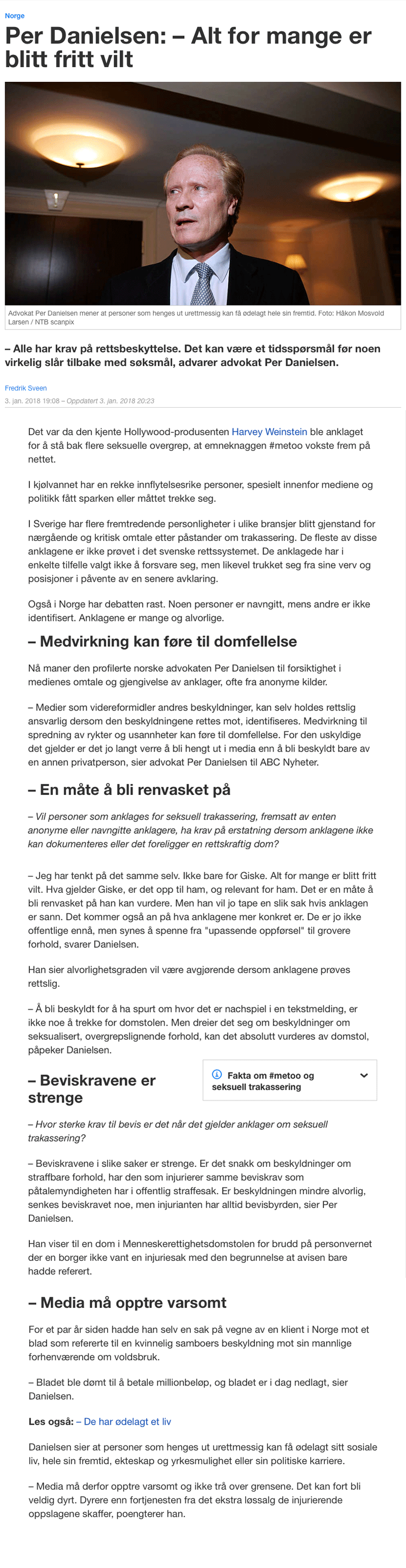 Rettsutvikling. Danielsen maner om forsiktighet i #metoo dekningen. Advokat Danielsen & Co. Per Danielsen. Advokat i Oslo.