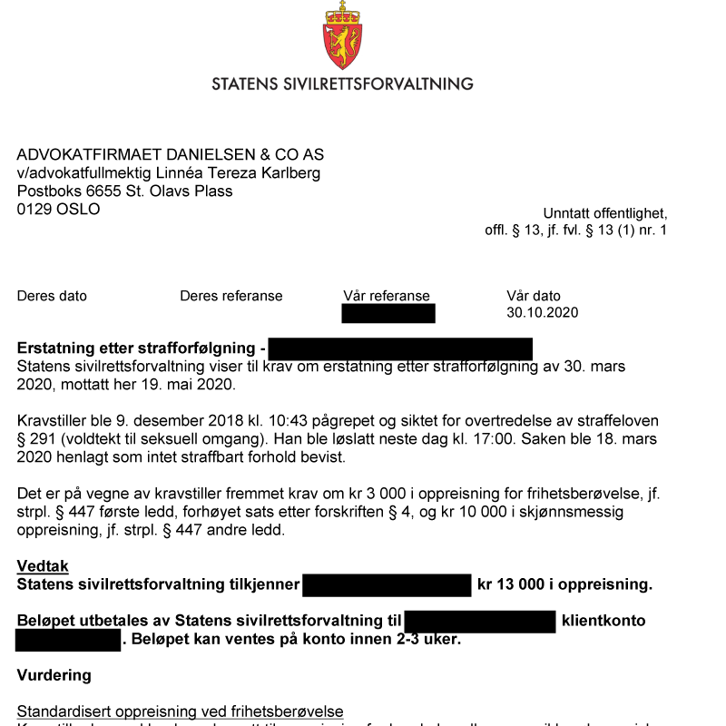 Erstatning for urettmessig straffeforfølgning. Advokat Danielsen & Co. Per Danielsen. Advokat i Oslo.