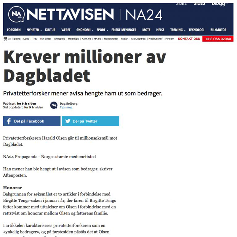 Krever millioner av Dagbladet. Advokat Danielsen & Co. Per Danielsen. Advokat i Oslo.