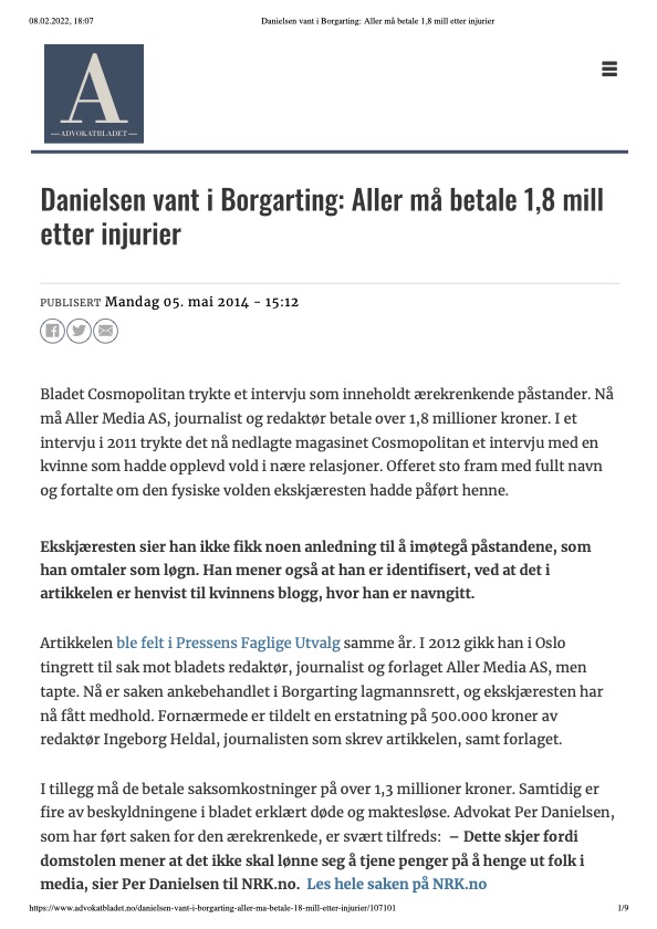 Advokat i Oslo. Alle advokattjenester. Finansforbrytelser advokat, id tyveri advokat, ærekrenkelse advokat|Ærekrenkelse: 1,8 mill. etter injurier